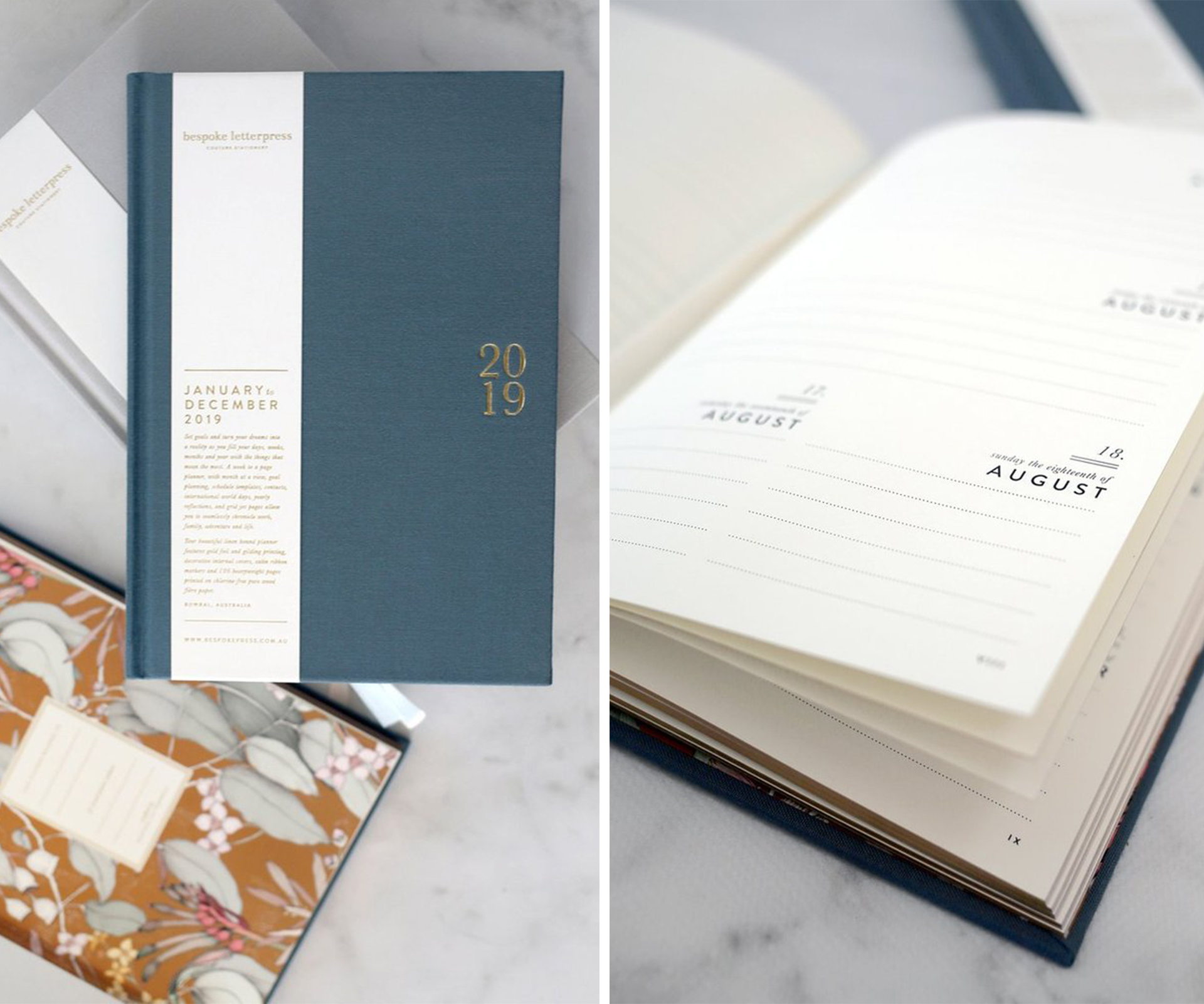 2019 linen bound planner by Bespoke Letterpress This weekly planner is perfect for those who like a little bit of class and elegance in their stationery. With gold foil printing, gold gilded edges, decorative internal covers and light ivory stock, it’s a diary that you’ll enjoy writing your daily ‘to-do’ list in. $55.90 from Pepa Stationery.