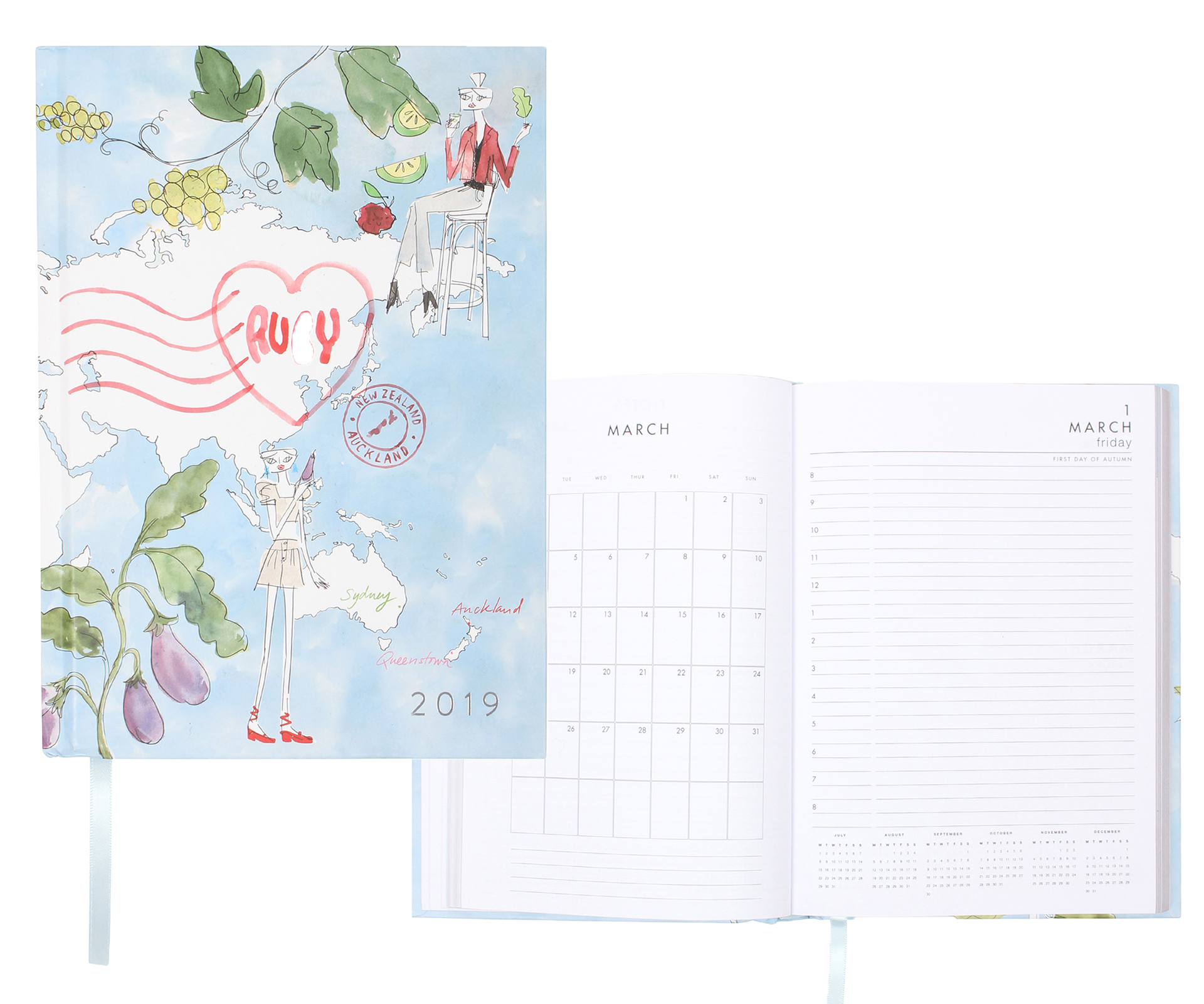 Ruby 2019 diary Get the taste for travel whilst sitting at your desk with Ruby’s 2019 diary. Featuring silver edged pages, culinary-inspired illustrations and recipes from six destinations around the globe, this daily diary is more than just a date recorder. $20 from Ruby.