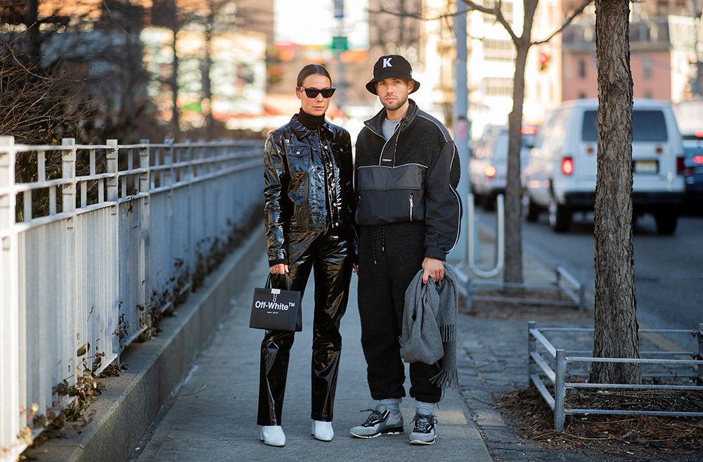 NEW YORK, NEW YORK - FEBRUARY 09: Couple Jean-Sebastian Rocques and Alice Barbier is seen outside Adeam during New York Fashion Week Autumn Winter 2019 on February 09, 2019 in New York City. (Photo by Christian Vierig/Getty Images)