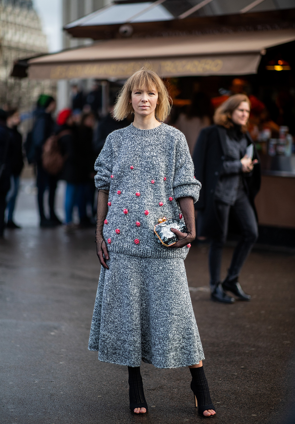 PARIS, FRANCE - MARCH 02: Vika Gazinskaya is seen wearing grey knit, skirt outside Haider Ackermann during Paris Fashion Week Womenswear Fall/Winter 2019/2020 on March 02, 2019 in Paris, France. (Photo by Christian Vierig/Getty Images)