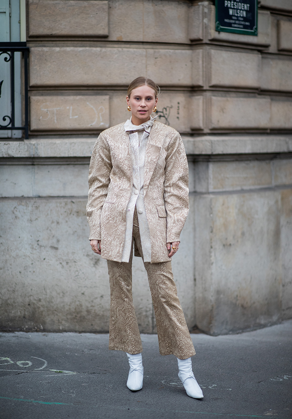 PARIS, FRANCE - MARCH 01: Tine Andrea is seen wearing jacket and flared pants during Paris Fashion Week Womenswear Fall/Winter 2019/2020 on March 01, 2019 in Paris, France. (Photo by Christian Vierig/Getty Images)