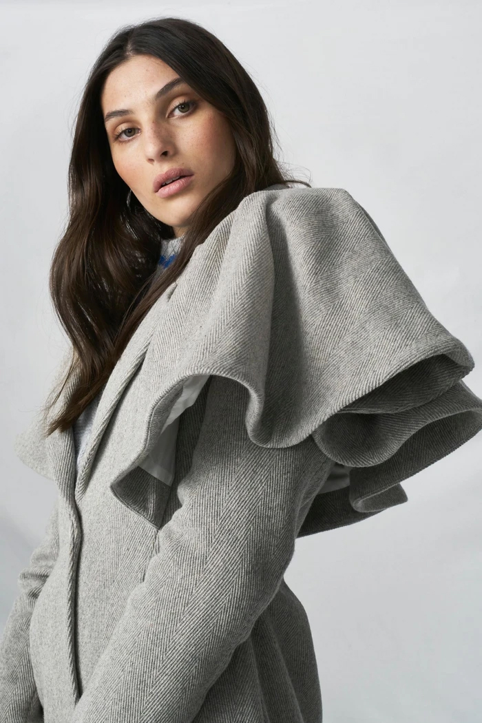 grey jacket with ruffled shoulders by Maggie Marilyn