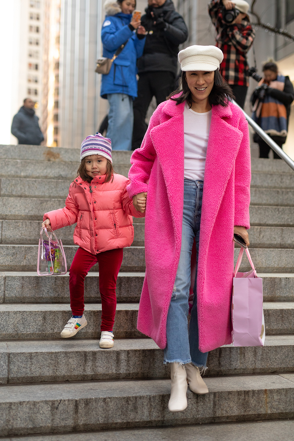 NEW YORK, NEW YORK - FEBRUARY 09: Eva Chen and her daughter Ren are seen on the street during New York Fashion Week AW19 on February 09, 2019 in New York City. (Photo by Matthew Sperzel/Getty Images)
