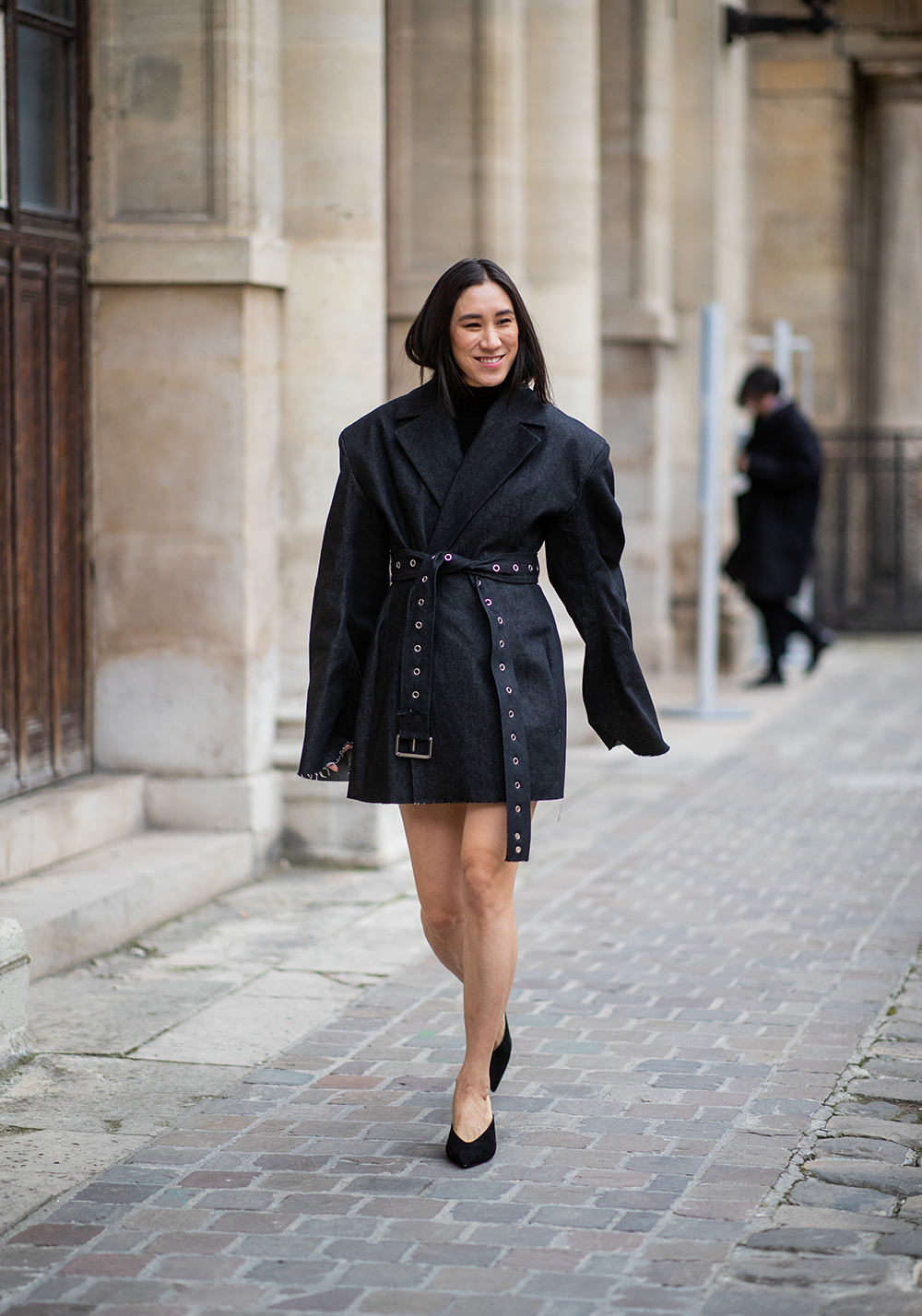 PARIS, FRANCE - MARCH 03: Eva Chen is seen wearing black belted coat outside Thom Browne during Paris Fashion Week Womenswear Fall/Winter 2019/2020 on March 03, 2019 in Paris, France. (Photo by Christian Vierig/Getty Images)