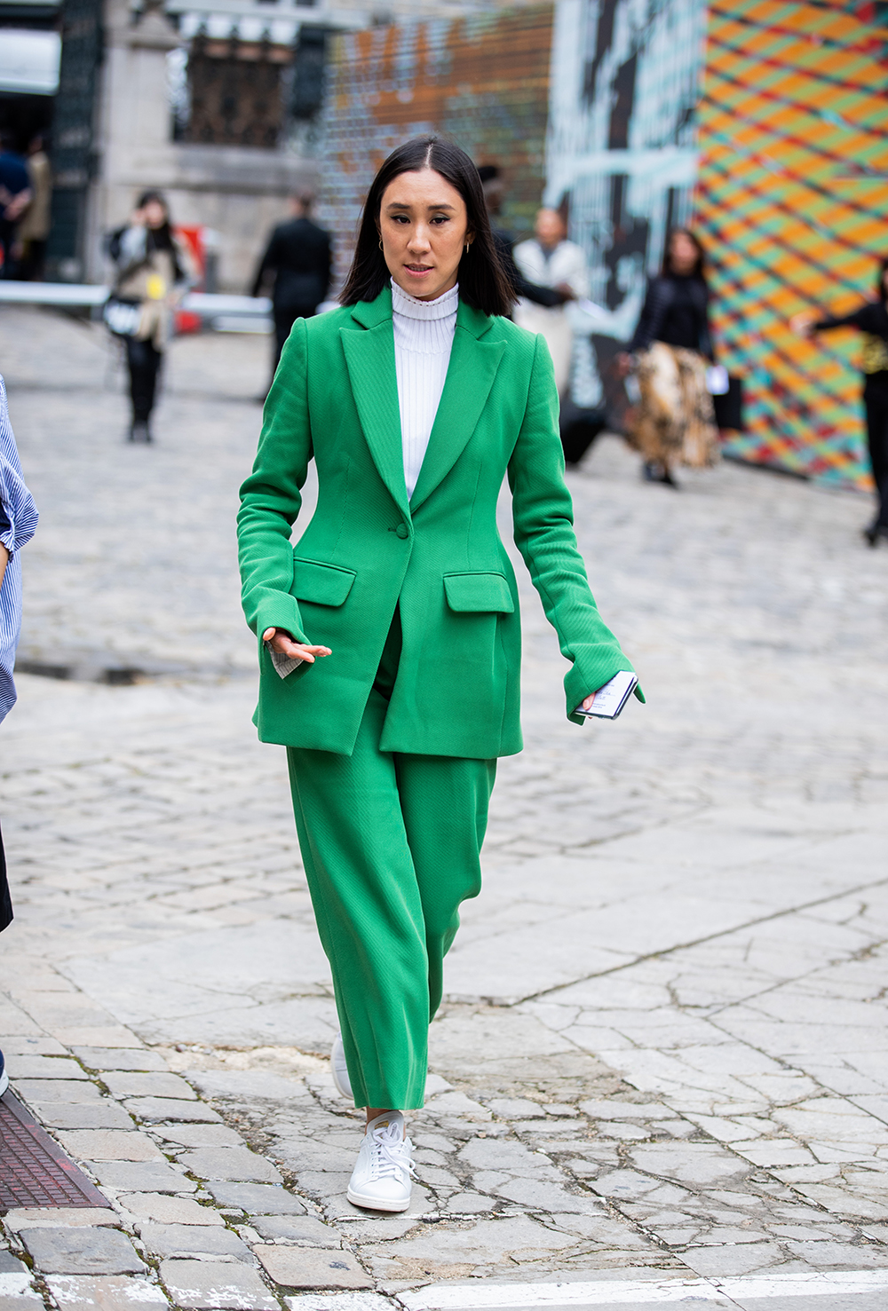 PARIS, FRANCE - SEPTEMBER 29: Eva Chen seen wearing green suit outside Thom Browne during Paris Fashion Week Womenswear Spring Summer 2020 on September 29, 2019 in Paris, France. (Photo by Christian Vierig/Getty Images)