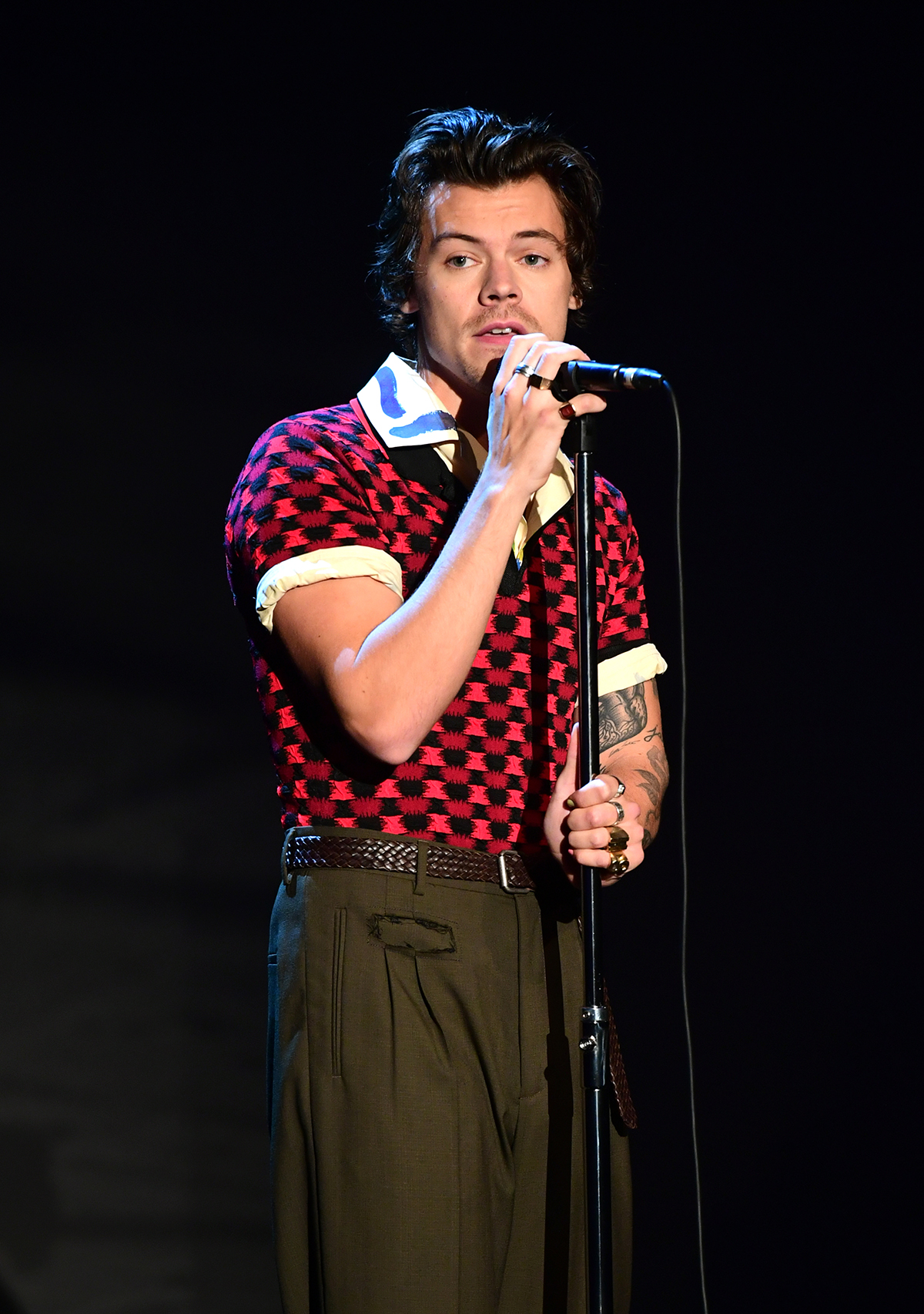 Harry Styles during the filming for the Graham Norton Show at BBC Studioworks 6 Television Centre, Wood Lane, London, to be aired on BBC One on Friday evening. Picture date: Thursday December 5, 2019. Photo credit should read: PA Images on behalf of So TV (Photo by Ian West/PA Images via Getty Images)