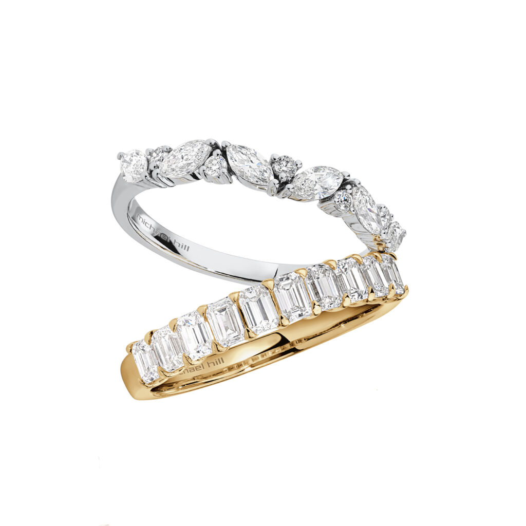 Wedding Ring with 0.56 Carat TW Diamonds in 14kt White Gold’, $3199 (top), and ‘Wedding Ring with 0.80 Carat TW of Emerald Cut Diamonds in 14kt Yellow Gold’, $4499 (bottom)