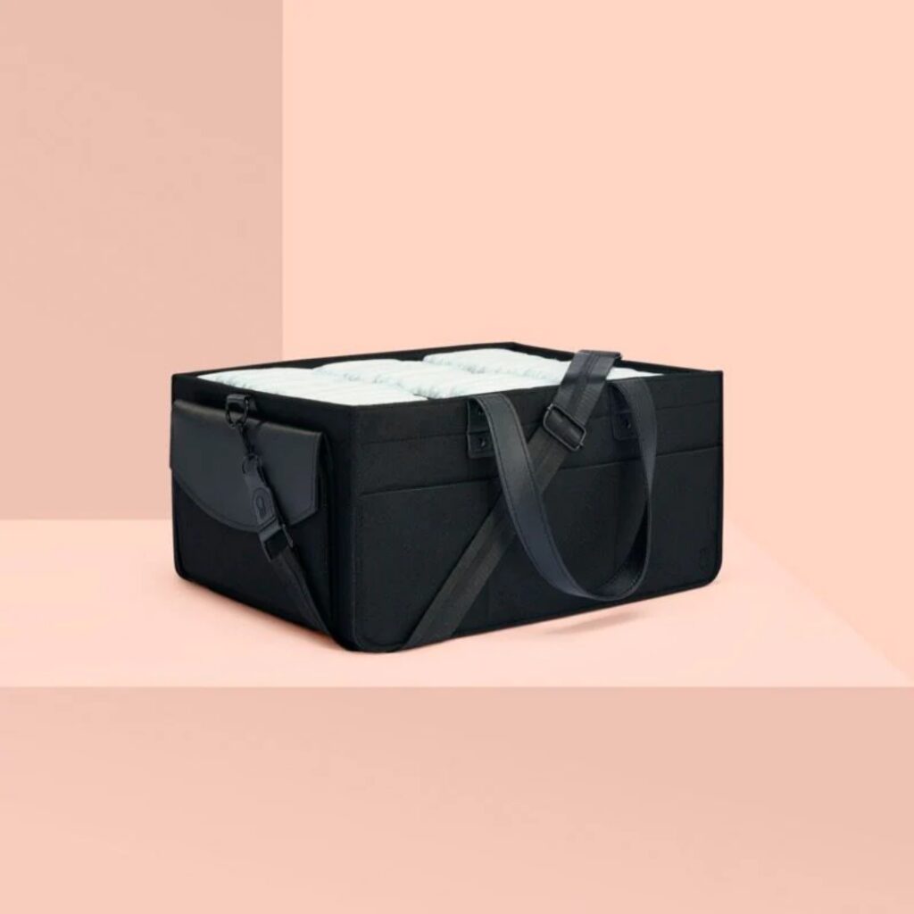 Bunnie Caddie Nappy Organiser - Black $159.00 “the ultimate stylish nappy caddy that will help to keep the chaos of newborn life a little more organised. It holds literally *everything* you need right by your side and can easily be moved around the house.”
